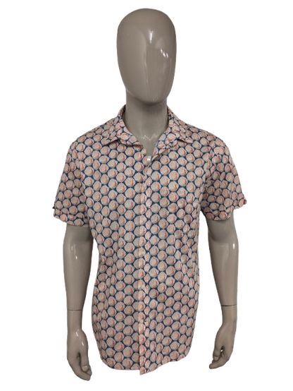 Camicia vintage Sports Craft a maniche corte. Stampa uccello blu arancione. Taglia XL. vestibilità affusolata.