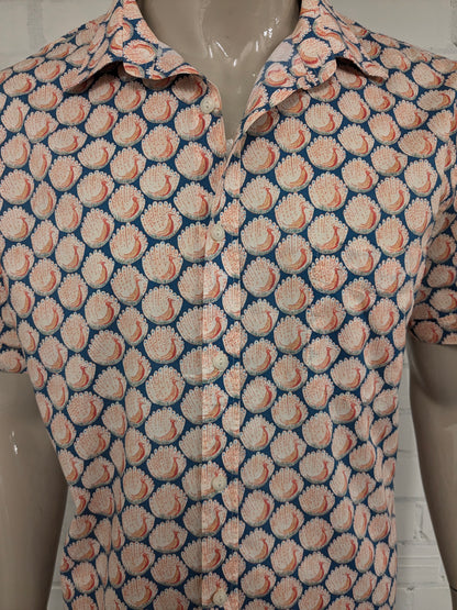 Camicia vintage Sports Craft a maniche corte. Stampa uccello blu arancione. Taglia XL. vestibilità affusolata.