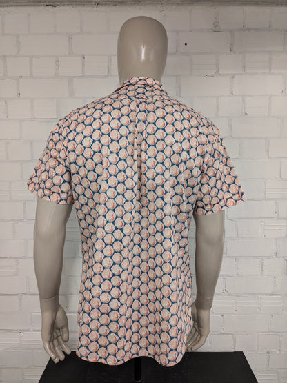 Camicia vintage Sports Craft a maniche corte. Stampa uccello blu arancione. Taglia XL. vestibilità affusolata.