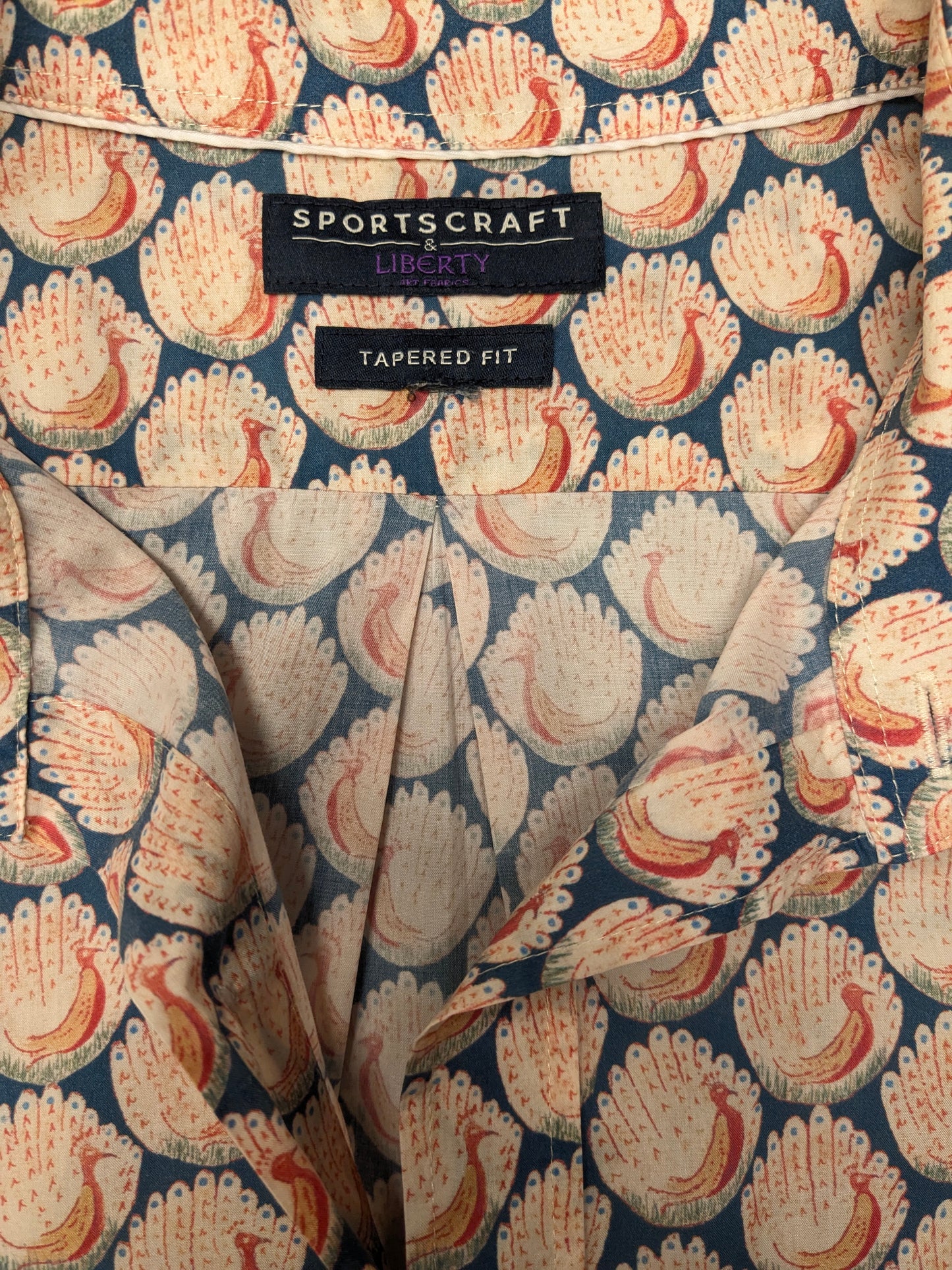 Camicia vintage Sports Craft a maniche corte. Stampa uccello blu arancione. Taglia XL. vestibilità affusolata.