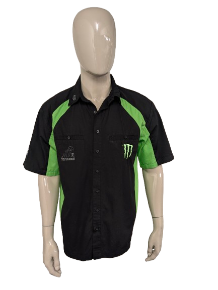 Fox-Shirt mit kurzen Ärmeln. Schwarzgrün mit Applikationen. Größe L.