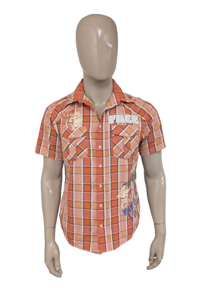 Chemise aigue-marine manches courtes. Orange Jaune Bleu vérifié. avec des candidatures. Taille M.