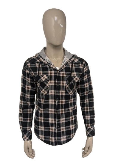 Unbranded Flannel shirt with press studs and hood. Black Pink checked. Size M.