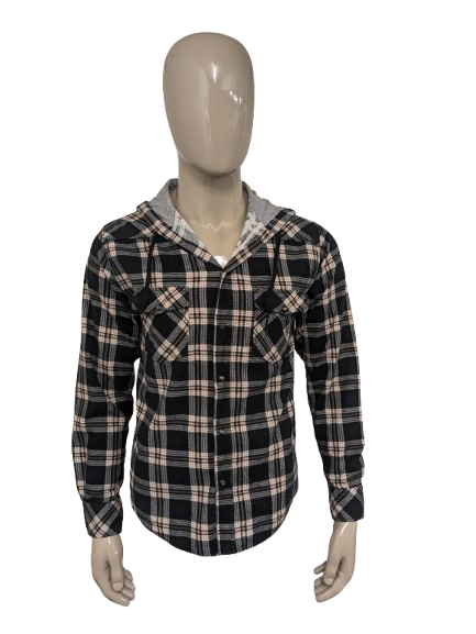 Camicia in flanella senza marchio con bottoni a pressione e cappuccio. Nero Rosa a quadri. Taglia M.