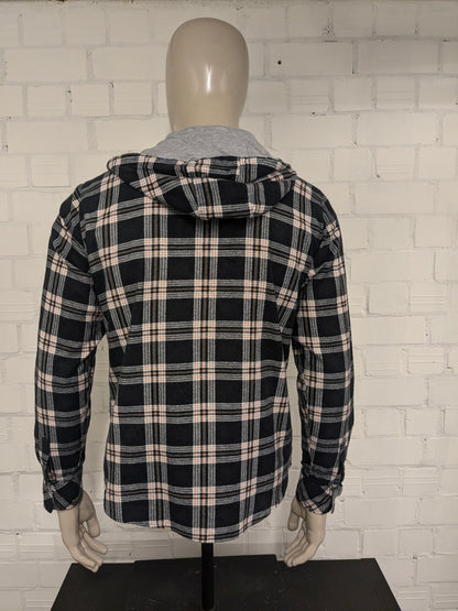 Unbranded Flannel shirt with press studs and hood. Black Pink checked. Size M.