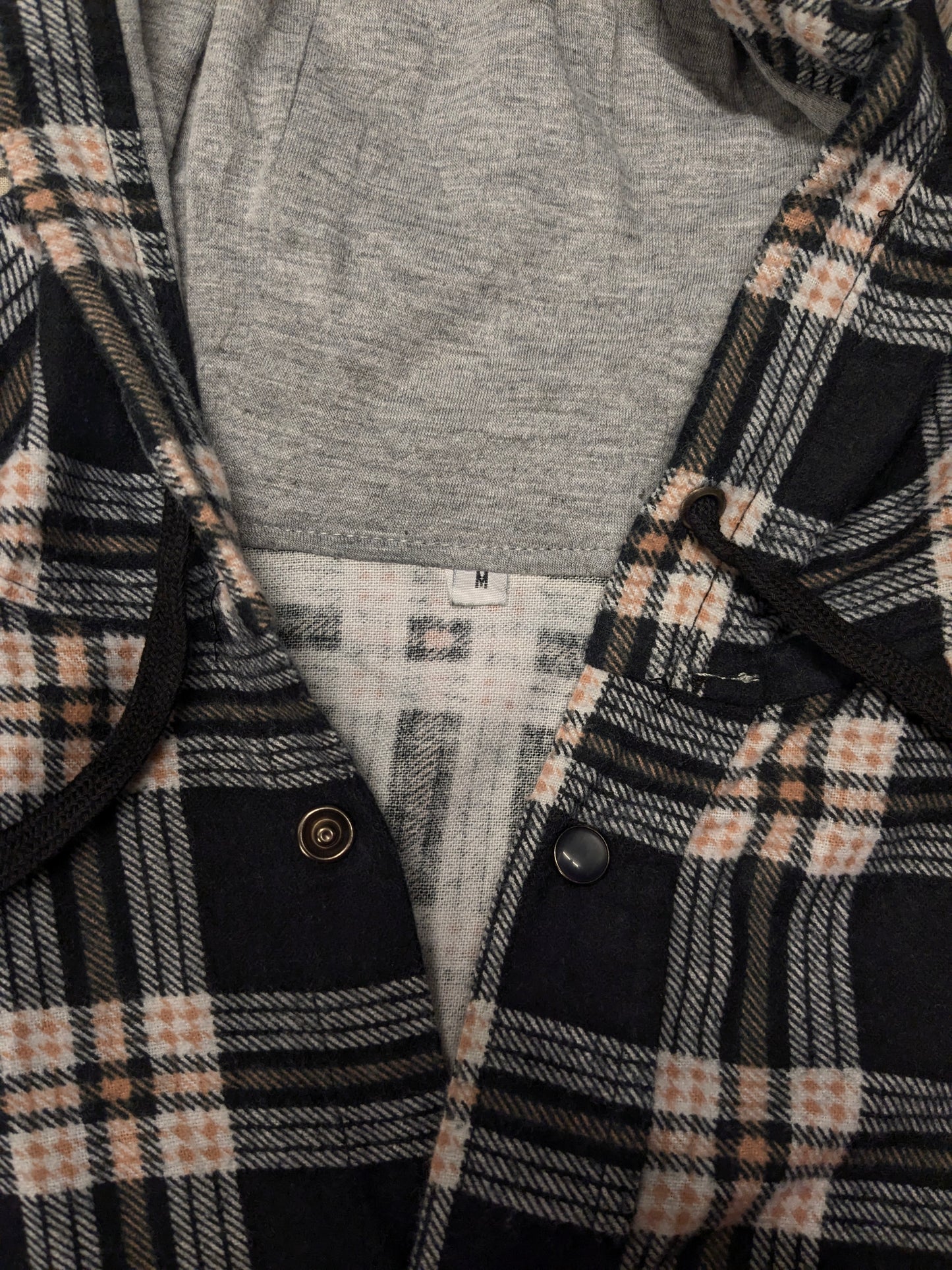 Unbranded Flannel shirt with press studs and hood. Black Pink checked. Size M.