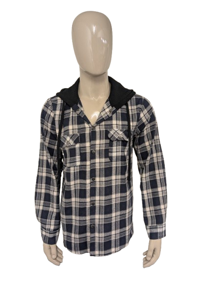 VSKA shirt with press studs and hood. Dark Blue Beige checked. Size L.