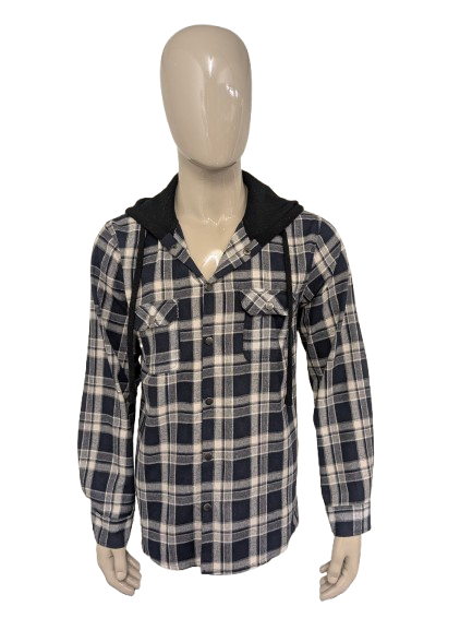 Maglia VSKA con bottoni a pressione e cappuccio. Blu scuro Beige a quadri. Taglia L.