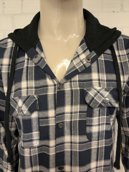 VSKA shirt with press studs and hood. Dark Blue Beige checked. Size L.