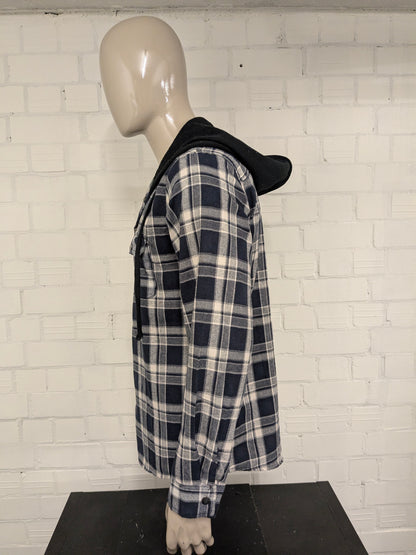 VSKA shirt with press studs and hood. Dark Blue Beige checked. Size L.