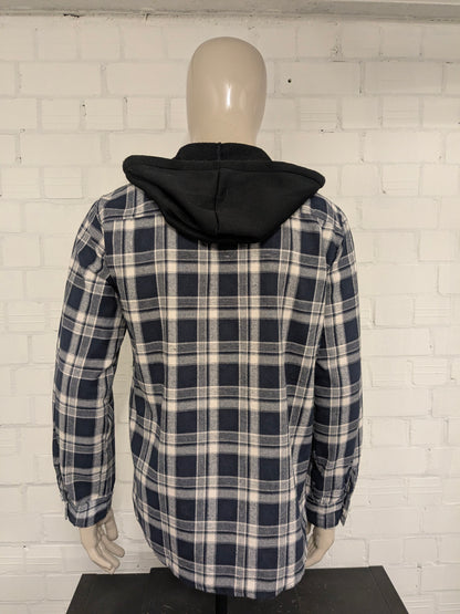 VSKA shirt with press studs and hood. Dark Blue Beige checked. Size L.