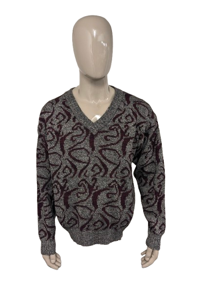 Vintage-Pullover mit V-Ausschnitt – Burgunderrot/Schwarz/Graumelange – Größe XL