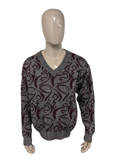 Vintage trui met V-Hals. Bordeaux Zwart Grijs gemêleerd. Maat XL.