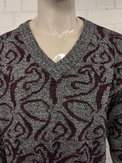 Vintage trui met V-Hals. Bordeaux Zwart Grijs gemêleerd. Maat XL.