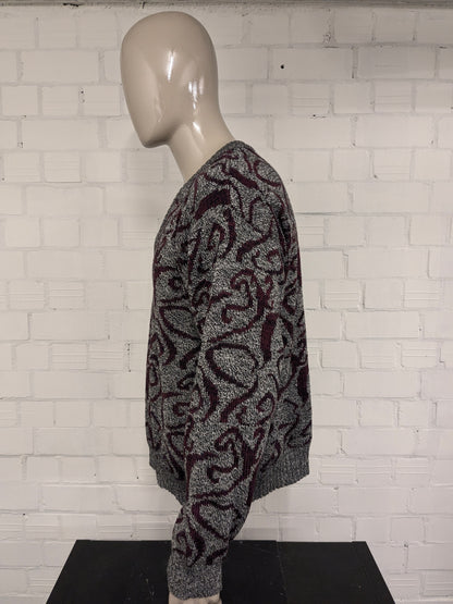 Vintage trui met V-Hals. Bordeaux Zwart Grijs gemêleerd. Maat XL.