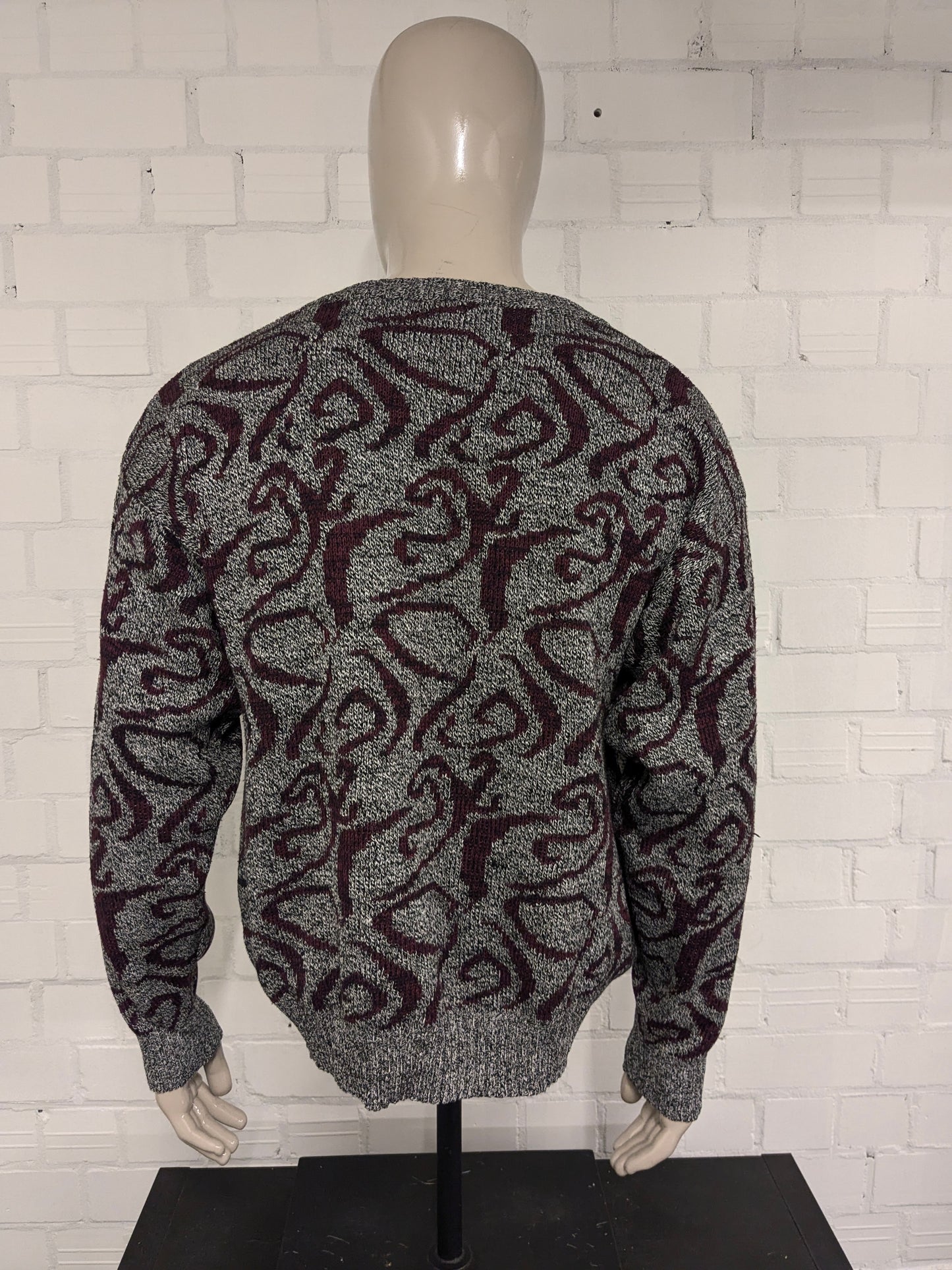 Vintage trui met V-Hals. Bordeaux Zwart Grijs gemêleerd. Maat XL.