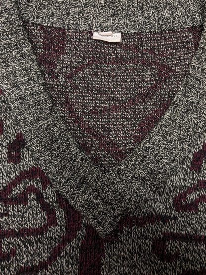 Vintage trui met V-Hals. Bordeaux Zwart Grijs gemêleerd. Maat XL.