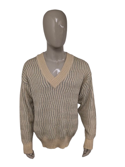 Vintage Blatas Pullover mit V-Ausschnitt – Beige/Blau – Größe XL