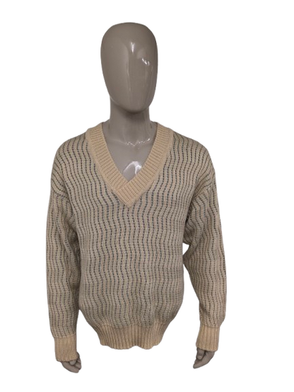 Vintage Blatas sweater with V-neck. Beige Blue colored. Size XL.