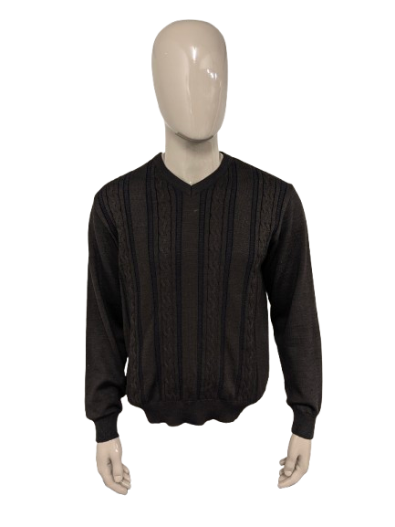 Bartlett & Walker Merino Wollen trui met V-Hals. Bruin Donker Blauw gekleurd. Maat L. 34% Wol.