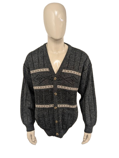 Vintage Michel Lapaz Wool cardigan with V-neck. Gray Beige mixed. Size XL.