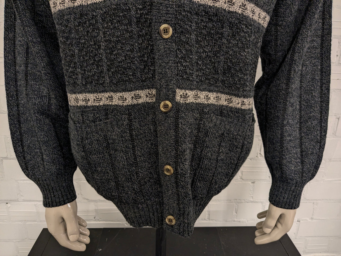 Vintage Michel Lapaz Wool cardigan with V-neck. Gray Beige mixed. Size XL.