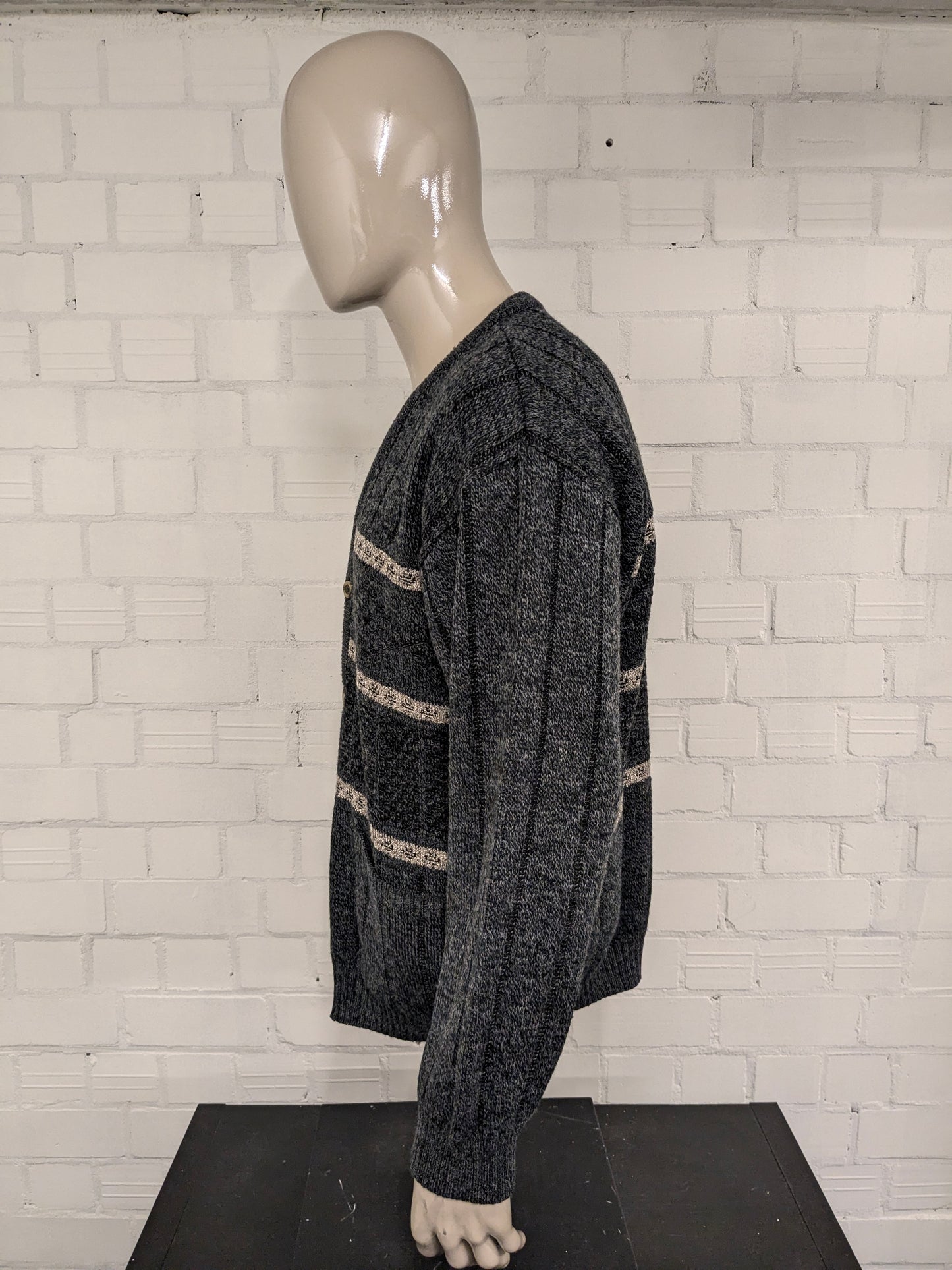 Vintage Michel Lapaz Wool cardigan with V-neck. Gray Beige mixed. Size XL.