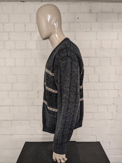 Vintage Michel Lapaz Wool cardigan with V-neck. Gray Beige mixed. Size XL.