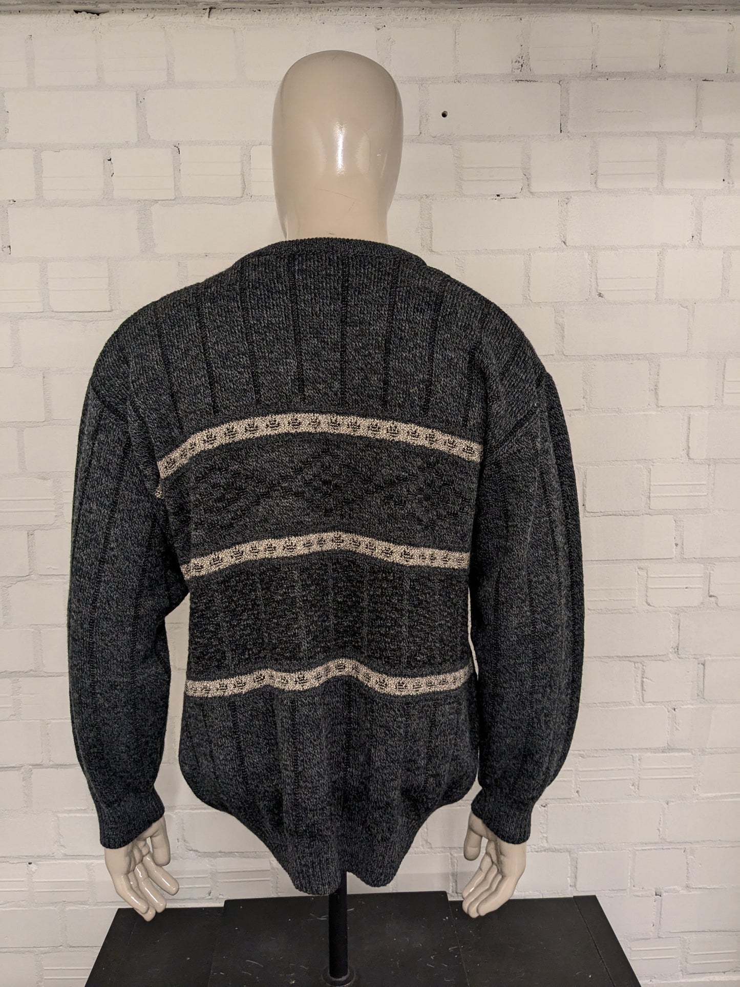 Vintage Michel Lapaz Wool cardigan with V-neck. Gray Beige mixed. Size XL.