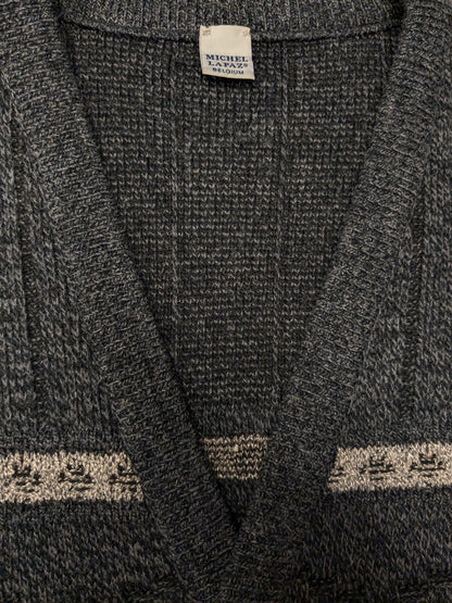 Vintage Michel Lapaz Wool cardigan with V-neck. Gray Beige mixed. Size XL.