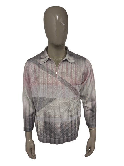 Jersey polo Vintage Districk con cremallera. Color Rosa Blanco Gris ligeramente brillante. Talla XL.