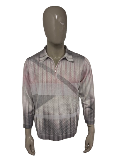 Jersey polo Vintage Districk con cremallera. Color Rosa Blanco Gris ligeramente brillante. Talla XL.