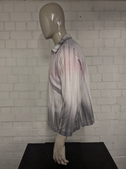 Jersey polo Vintage Districk con cremallera. Color Rosa Blanco Gris ligeramente brillante. Talla XL.