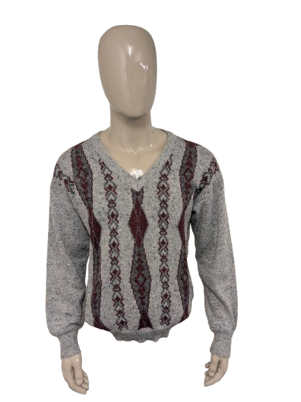 Vintage Luis Ferrer Wollpullover mit V-Ausschnitt – grau/rot – Größe L