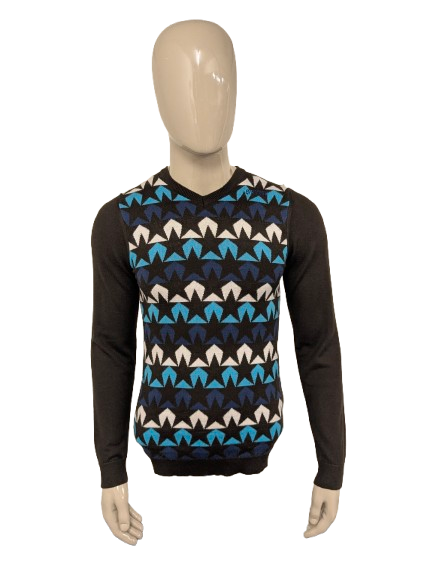 Energie Wollen trui met V-Hals. Bruin Blauw Wit motief. Maat S. 50% Wol.