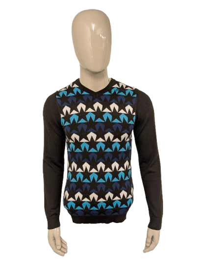 Energie Wollen trui met V-Hals. Bruin Blauw Wit motief. Maat S. 50% Wol.