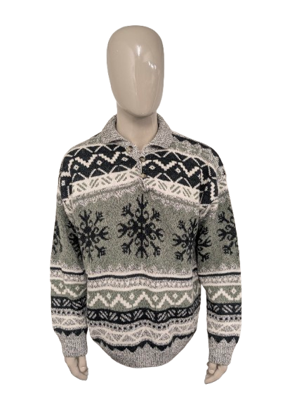 Vintage Canda Wollen polo trui. Groen Grijs Wit gekleurd. Maat 2XL / XXL. 20% Wol.