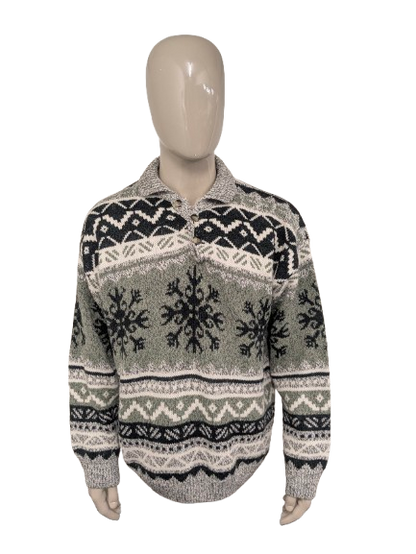 Vintage Canda Wollen polo trui. Groen Grijs Wit gekleurd. Maat 2XL / XXL. 20% Wol.