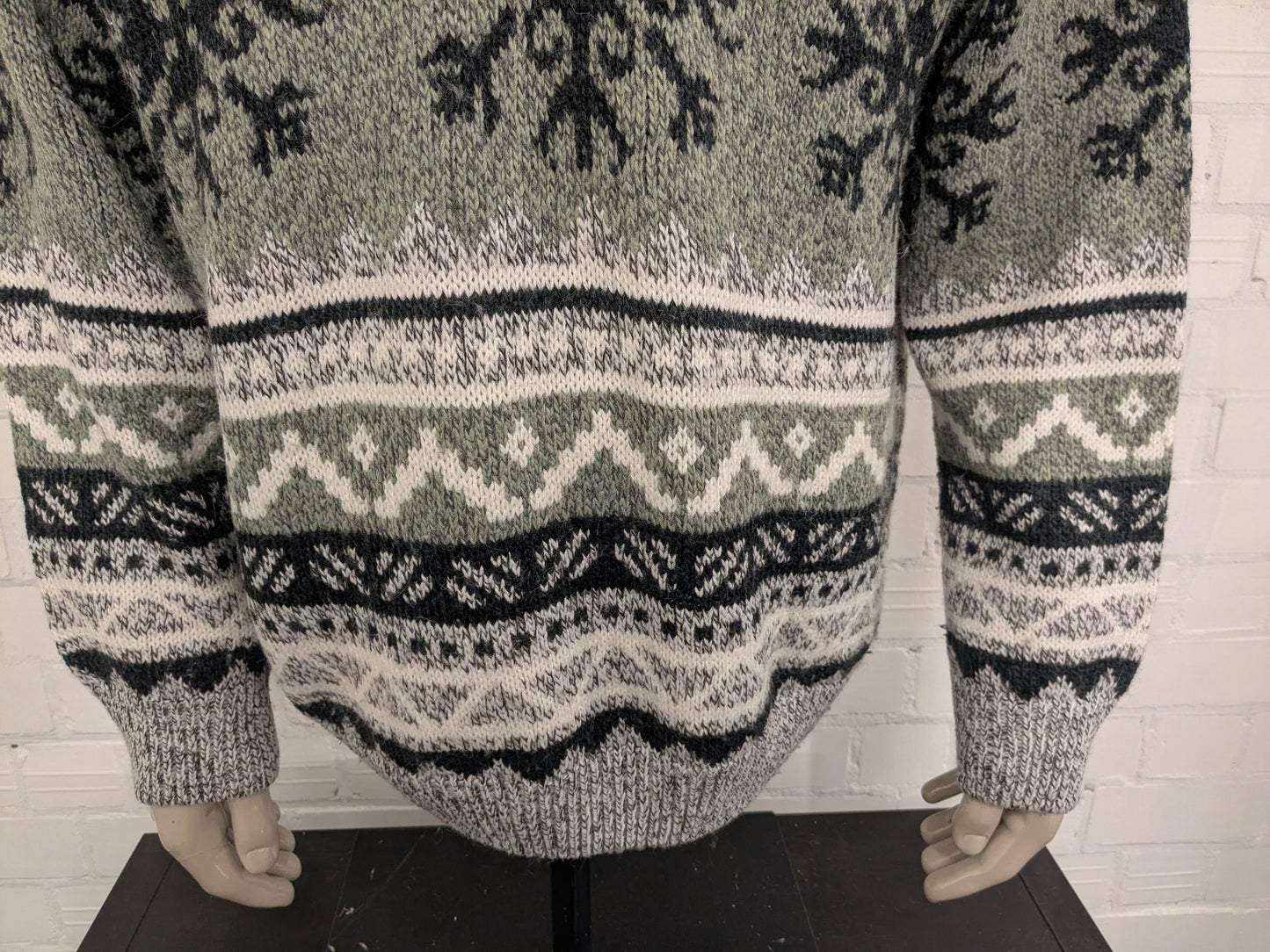 Vintage Canda Wollen polo trui. Groen Grijs Wit gekleurd. Maat 2XL / XXL. 20% Wol.