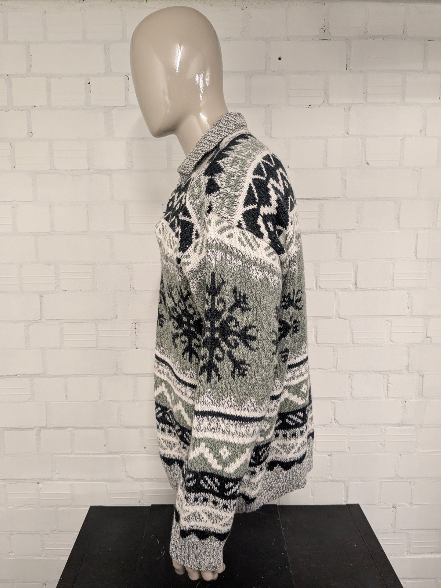 Vintage Canda Wollen polo trui. Groen Grijs Wit gekleurd. Maat 2XL / XXL. 20% Wol.