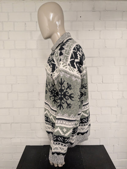 Vintage Canda Wollen polo trui. Groen Grijs Wit gekleurd. Maat 2XL / XXL. 20% Wol.