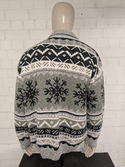 Vintage Canda Wollen polo trui. Groen Grijs Wit gekleurd. Maat 2XL / XXL. 20% Wol.