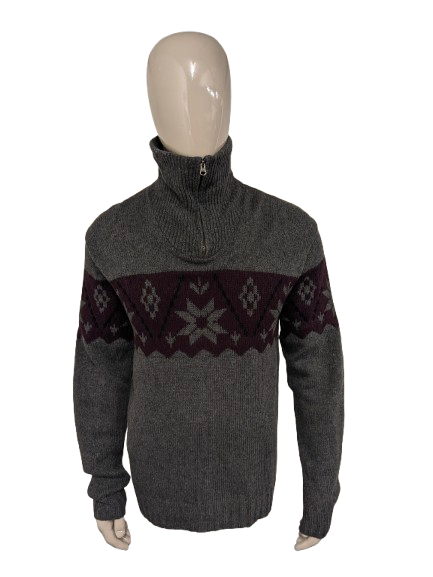 Maglione vintage in lana d'agnello con cerniera. Colore grigio viola nero. Taglia L. 30% Lana.
