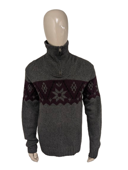 Maglione vintage in lana d'agnello con cerniera. Colore grigio viola nero. Taglia L. 30% Lana.