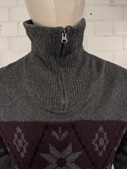 Maglione vintage in lana d'agnello con cerniera. Colore grigio viola nero. Taglia L. 30% Lana.