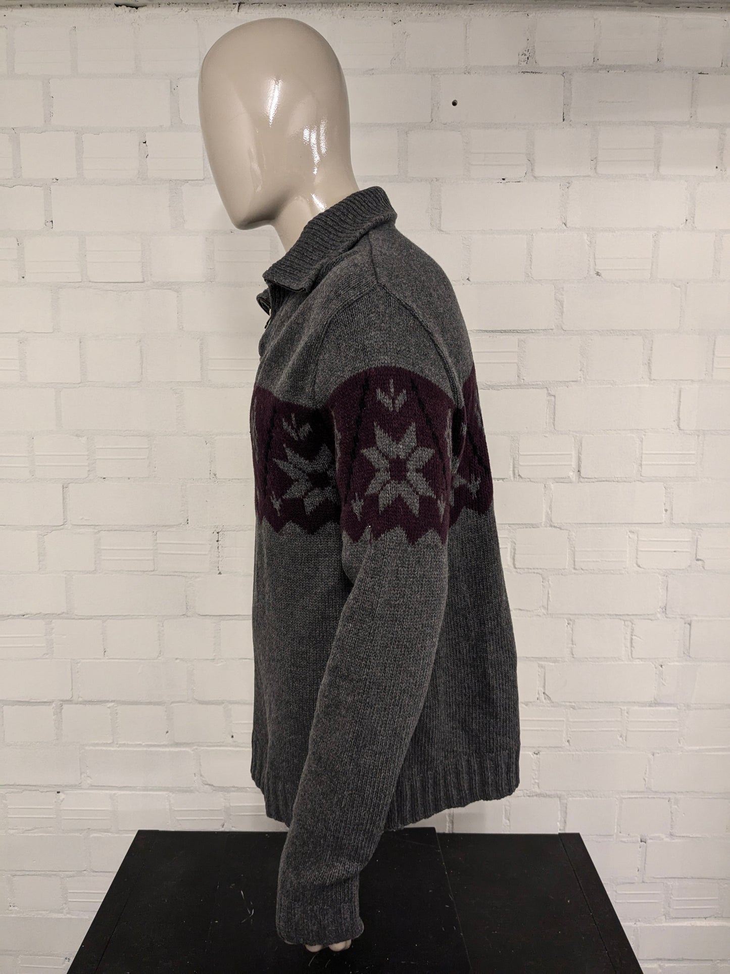 Maglione vintage in lana d'agnello con cerniera. Colore grigio viola nero. Taglia L. 30% Lana.