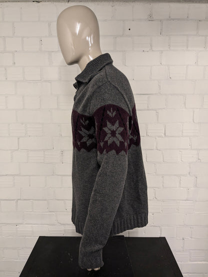 Maglione vintage in lana d'agnello con cerniera. Colore grigio viola nero. Taglia L. 30% Lana.