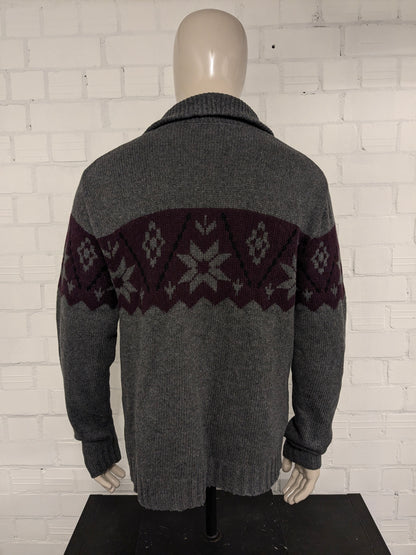 Maglione vintage in lana d'agnello con cerniera. Colore grigio viola nero. Taglia L. 30% Lana.