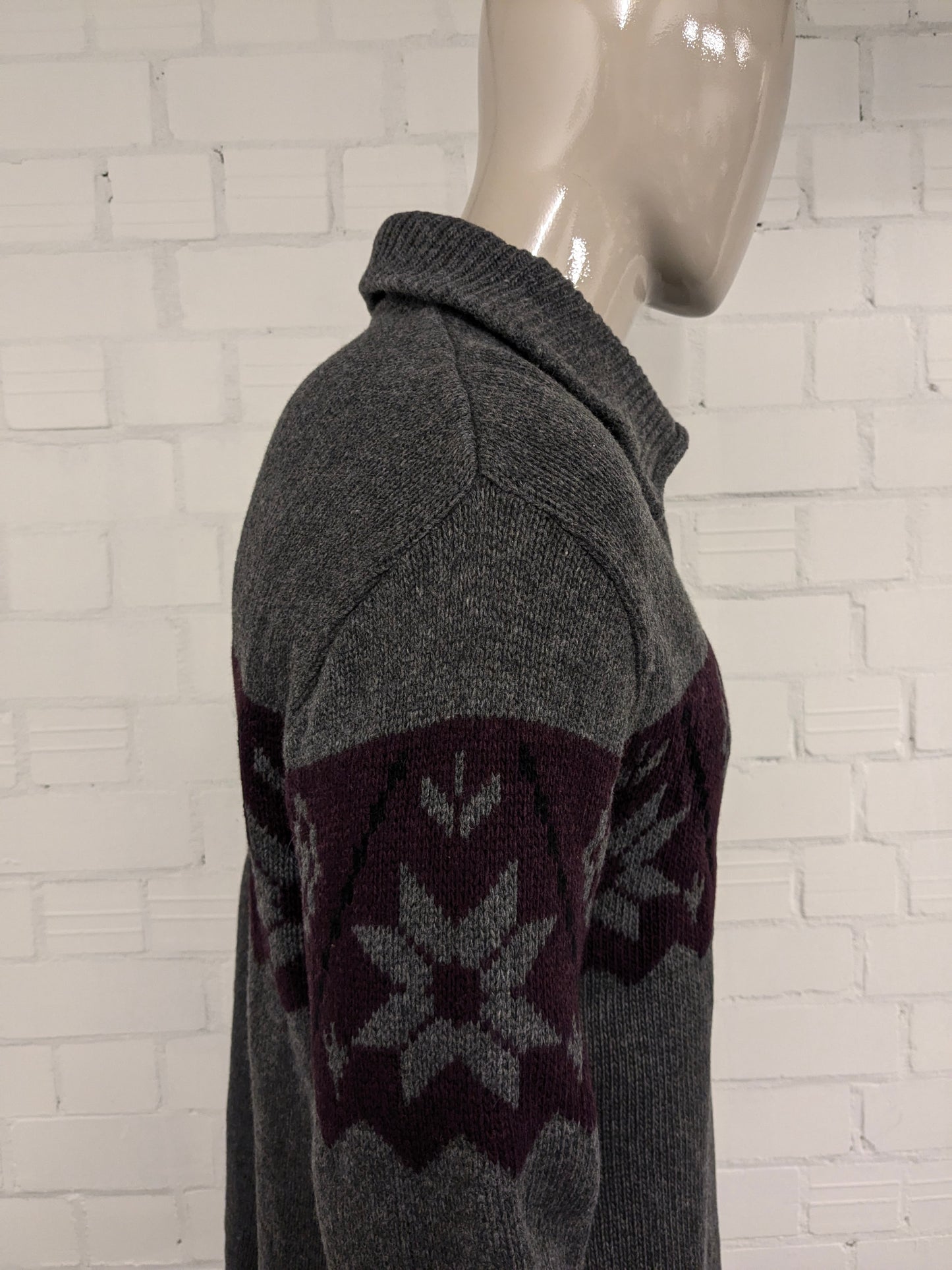 Maglione vintage in lana d'agnello con cerniera. Colore grigio viola nero. Taglia L. 30% Lana.