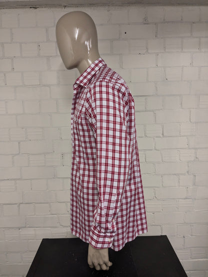 Olymp Luxor shirt. Red Pink White checked. Size 43 / XL. slim line.